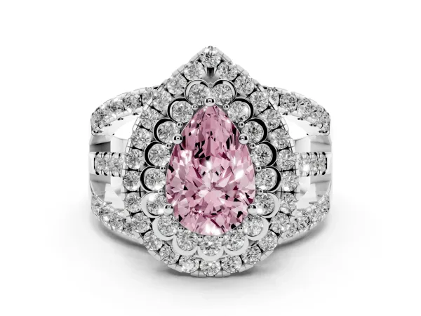 Fancy Pink Pear Cut Diamond Double Halo Ring with Round Pavé Split Shank and Prong Setting White gold