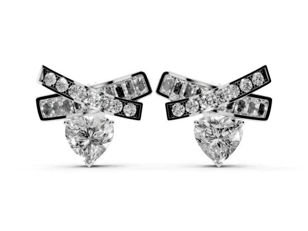 Heart Diamond X Stud Earrings with Baguette and Round Accents Silver
