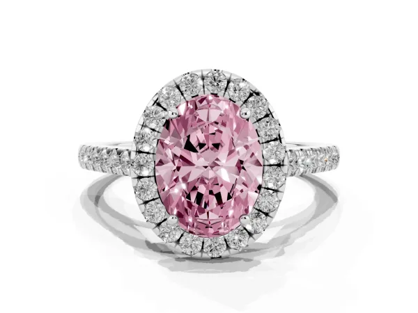 Fancy Pink Oval Cut Halo Pave Diamond Engagement Ring with Four-Prong Setting Platinum