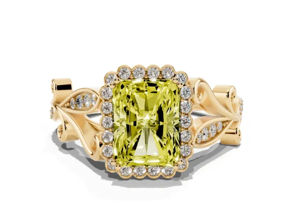Fancy Yellow Radiant Cut Diamond Halo Ring with Vintage Split Shank and Four-Prong Setting Yellow gold