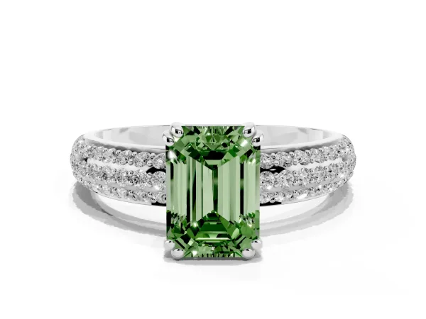 Fancy Green Emerald Cut Diamond Solitaire Ring with Multi-Row Round Pavé Band and Prong Setting Platinum