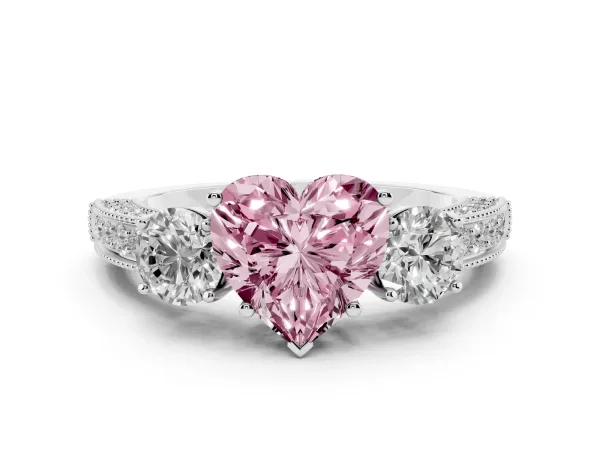 Fancy Pink Heart Cut Three-Stone Diamond Ring with Pavé Band and Four-Prong Setting Platinum