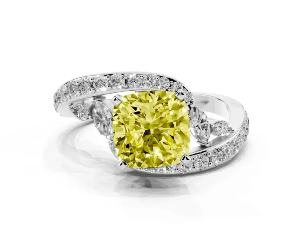 Fancy Yellow Cushion Cut Diamond Solitaire Ring with Filigree Band and Four-Prong Setting Platinum