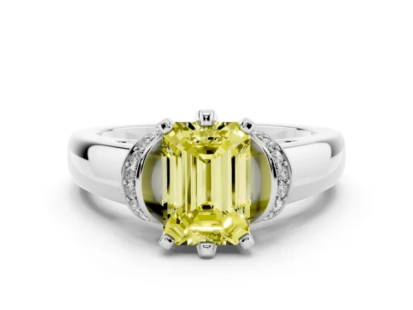 Fancy Yellow Emerald Cut Solitaire Diamond Ring with Pave Band and Six-Prong Setting Platinum