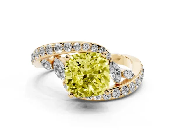 Fancy Yellow Cushion Cut Diamond Solitaire Ring with Filigree Band and Four-Prong Setting Yellow gold