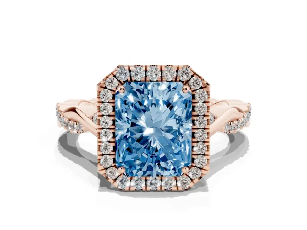 Fancy Blue Radiant Cut Halo Twist Band Solitaire Ring Rose gold