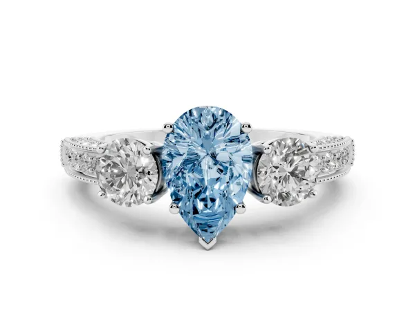 Fancy Blue Pear Cut Three-Stone Diamond Ring with Pavé Band and Four-Prong Setting Platinum