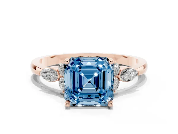 Fancy Blue Asscher Cut Brilliant Diamond Solitaire Ring with Pear Side Stones and Four-Prong Setting Rose gold
