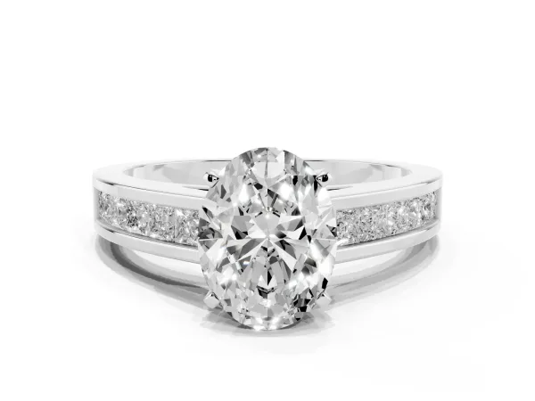 Oval Cut Solitaire Diamond Ring with Channel-Set Band and Four-Prong Setting White gold