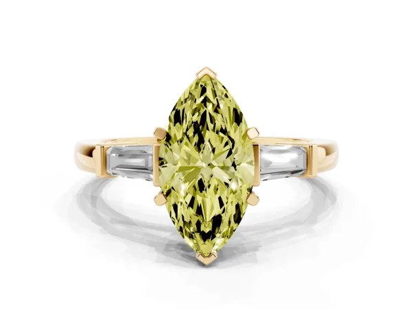 Fancy Yellow Marquise Cut Cut Diamond Solitaire Ring with Tapered Baguette Accents and Four-Prong Setting Yellow gold