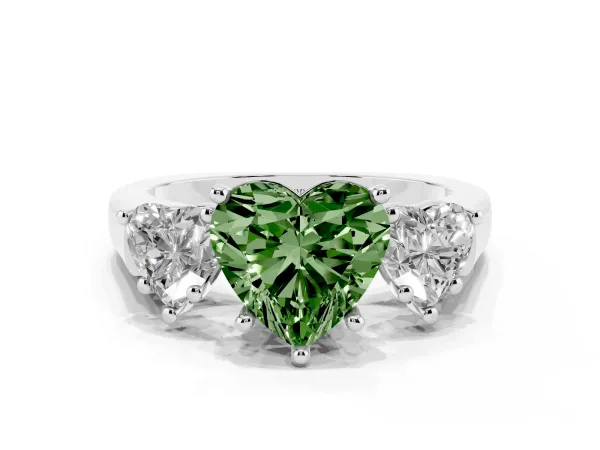 Fancy Green Three-Stone Heart Cut Brilliant Diamond Trellis Ring with Comfort Fit Band White gold