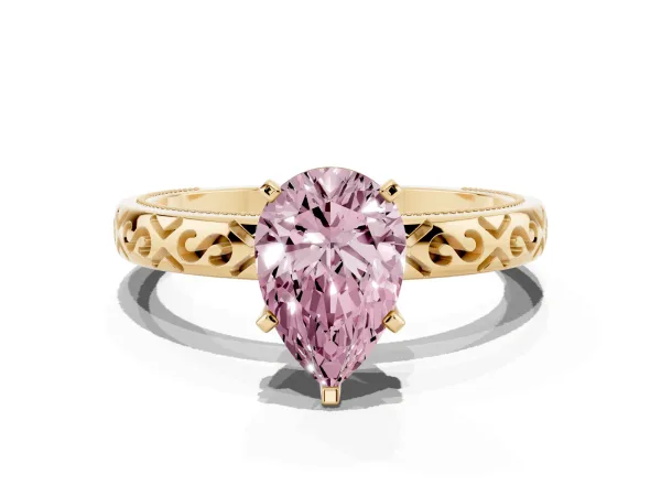 Fancy Pink Pear Cut Solitaire Engagement Ring with Scrollwork Band and Four-Prong Setting Yellow gold
