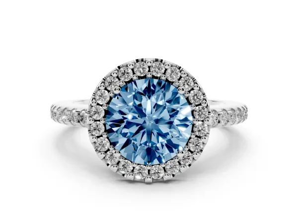 Fancy Blue Round Cut Diamond Pavé Halo Ring with Four-Prong Setting Platinum