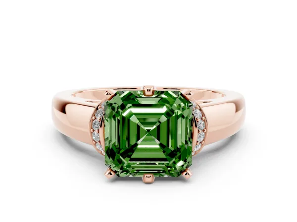 Fancy Green Asscher Cut Solitaire Diamond Ring with Pave Band and Six-Prong Setting Rose gold