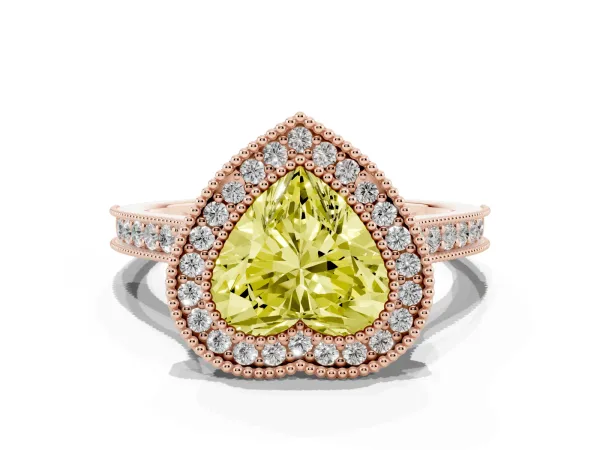 Fancy Yellow Halo Heart Cut-Cut Diamond Pave Band Milgrain Prong Setting Ring Rose gold