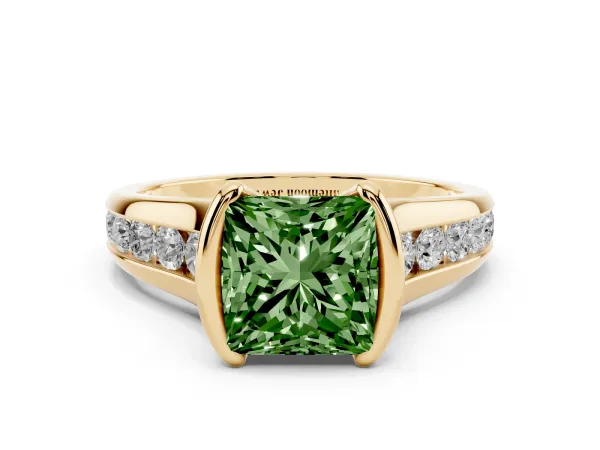 Fancy Green Princess Cut Solitaire Bezel-Set Diamond Ring with Channel-Set Band Yellow gold