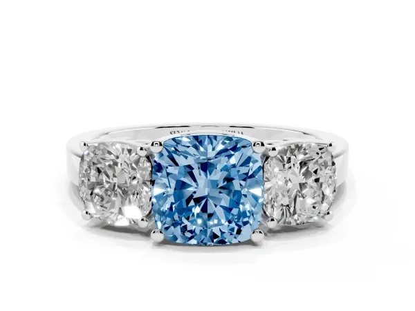Fancy Blue Three-Stone Cushion Cut Cut Diamond Engagement Ring with Flat Band and Four-Prong Setting Platinum