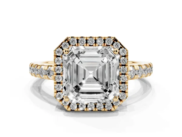 Asscher Cut Diamond Halo Ring with Pavé Band and Four-Prong Setting Yellow gold
