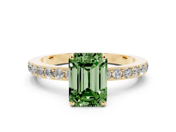 Fancy Green Emerald Cut Diamond Solitaire Engagement Ring with Pavé Band and Four-Prong Setting Yellow gold