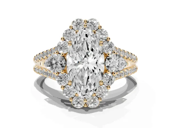 Marquise Cut Halo Split Shank Diamond Engagement Ring with Prong Setting Yellow gold