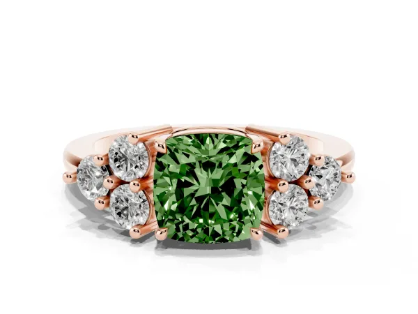 Fancy Green Cushion Cut Brilliant Diamond Cluster Accent Solitaire Ring with Prong Setting Rose gold