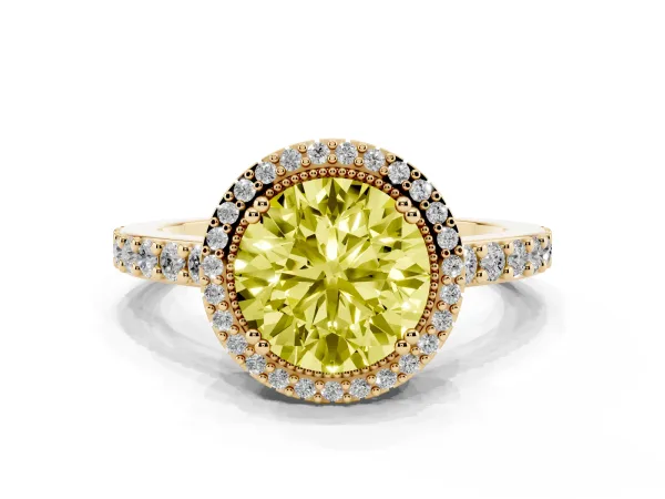 Fancy Yellow Round Cut Cut Diamond Halo Engagement Ring with Milgrain Detail and Pavé Band Yellow gold