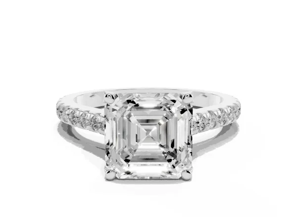 Asscher Cut Brilliant Diamond Solitaire with Pavé Band and Four-Prong Setting White gold