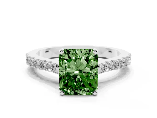 Fancy Green Radiant Cut Cut Solitaire Diamond Engagement Ring with Pave Band and Four-Prong Setting Platinum