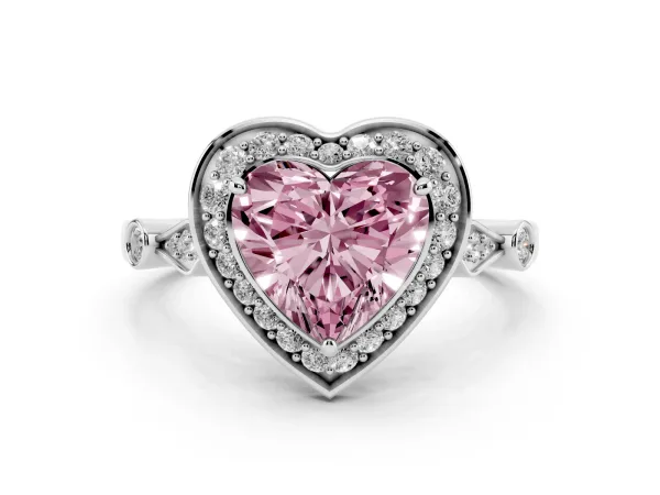 Fancy Pink Heart Cut Halo Diamond Engagement Ring with Twisted Band and Four-Prong Setting White gold