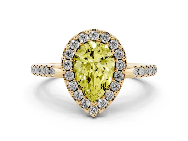 Fancy Yellow Pear Cut Diamond Pavé Halo Ring with Four-Prong Setting Yellow gold