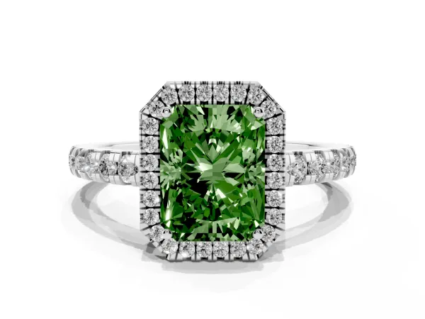 Fancy Green Radiant Cut Diamond Halo Ring with Pavé Band and Four-Prong Setting Platinum
