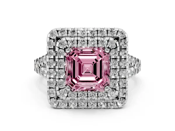 Fancy Pink Double Halo Asscher Cut Diamond Pavé Split Shank Ring with Prong Setting Platinum
