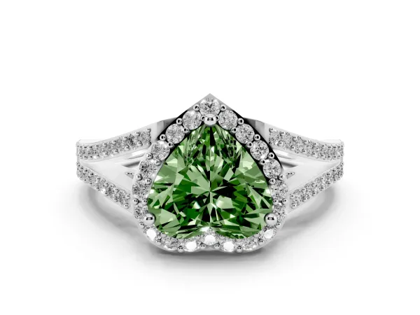 Fancy Green Heart Cut Halo Split Shank Pave Diamond Ring with Four-Prong Setting Platinum