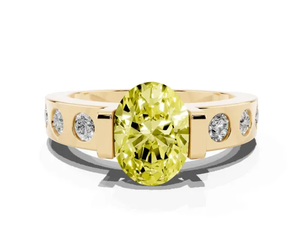 Fancy Yellow Oval Cut Brilliant Channel-Set Diamond Ring with Bezel Prong Setting Yellow gold