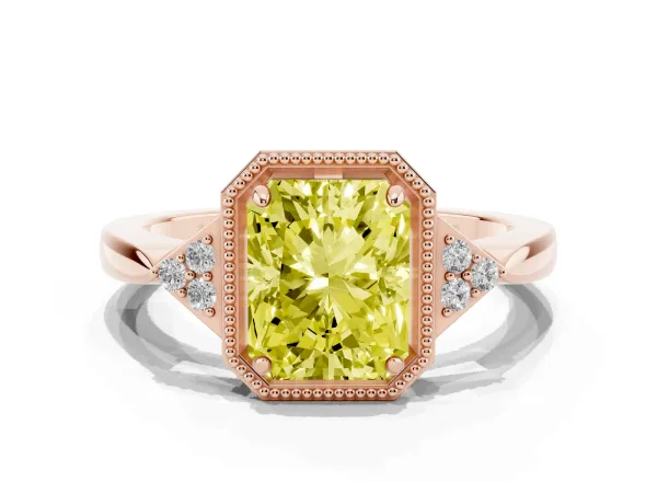 Fancy Yellow Hexagonal Halo Radiant Cut Diamond Solitaire with Pavé Band and Four-Prong Setting Rose gold