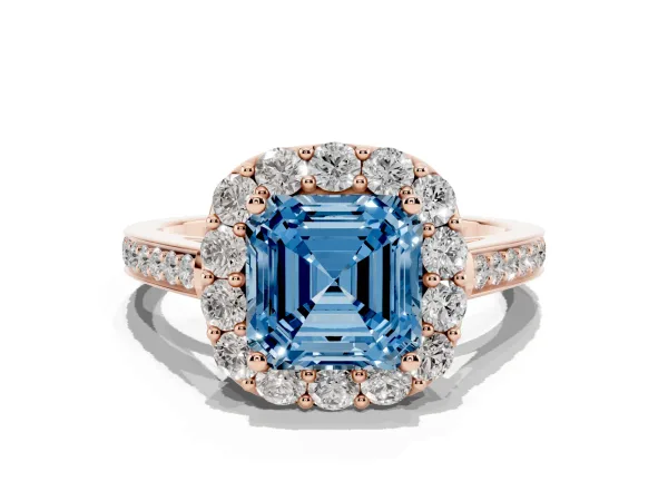 Fancy Blue Asscher Cut Diamond Floral Halo Ring with Pavé Band and Prong Setting Rose gold