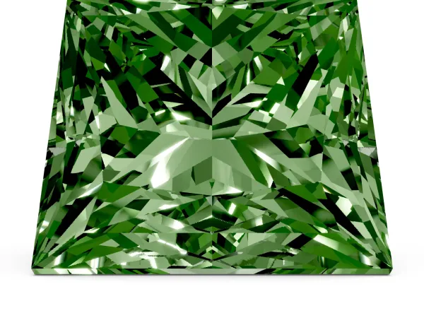 Fancy Green Princess Cut Halo Diamond Ring with Milgrain and Bezel Accents on a Split Shank Band Platinum
