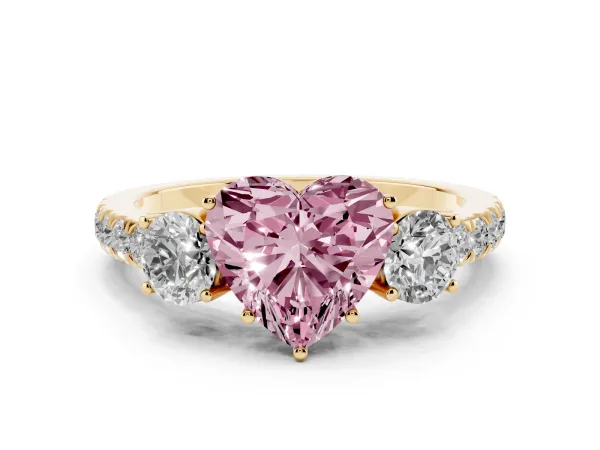 Fancy Pink Heart Cut Cut Diamond Three-Stone Ring with Round Side Stones and Pavé Band Yellow gold