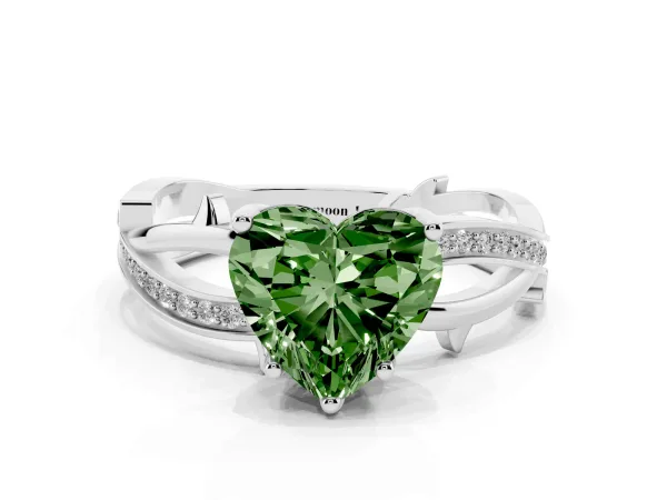Fancy Green Heart Cut Solitaire Twist Band with Pavé Accents and Four-Prong Setting Platinum