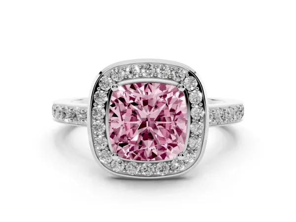 Fancy Pink Cushion Cut Diamond Halo Ring with Bezel Frame and Pavé Band White gold