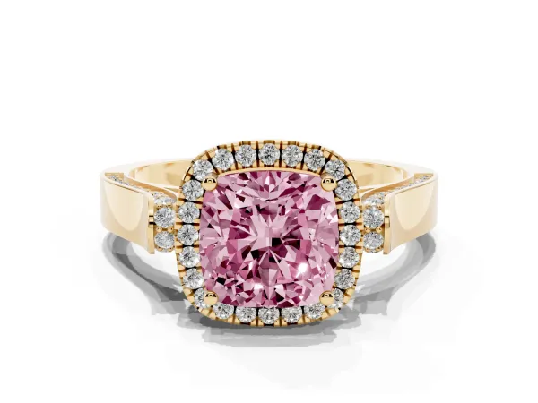Fancy Pink Cushion Cut Halo Pave Split Shank Prong Setting Ring Yellow gold