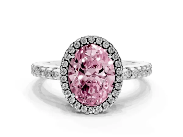 Fancy Pink Oval Cut Diamond Halo Engagement Ring with Pavé Band and Prong Setting White gold