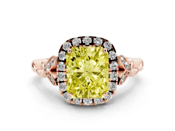 Fancy Yellow Radiant Cut Halo Diamond Engagement Ring with Vintage-Inspired Band and Four-Prong Setting Rose gold