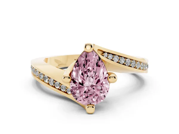 Fancy Pink Pear Cut Solitaire Diamond Twist Band with Pavé Setting and Four-Prong Setting Yellow gold