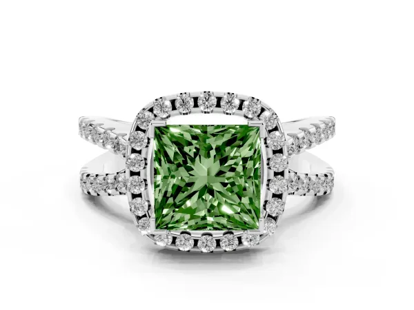 Fancy Green Princess Cut Diamond Halo Ring with Split Shank Pavé Band and Prong Setting Platinum