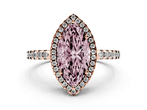 Fancy Pink Marquise Cut Diamond Halo Engagement Ring with Pavé Band and Prong Setting Rose gold