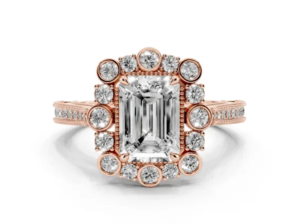 Emerald Cut Halo Milgrain Pave Diamond Ring with Four-Prong Setting Rose gold