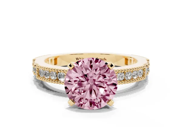 Fancy Pink Round Cut Solitaire with Pavé Band and Four-Prong Setting Yellow gold