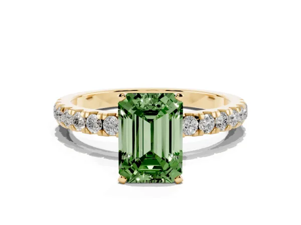Fancy Green Emerald Cut Diamond Solitaire Ring with Pavé Accents and Four-Prong Setting Yellow gold
