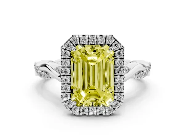 Fancy Yellow Emerald Cut Halo Twist Band Solitaire Ring White gold